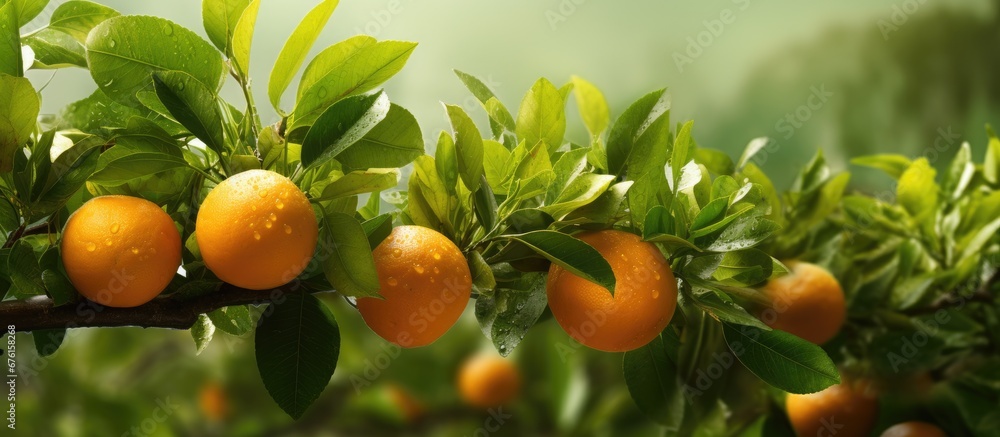 In the lush green garden the vibrant orange color of the organic natural fruits and vegetables adds a refreshing touch to the background of vibrant nature while each leaf on the tree exudes