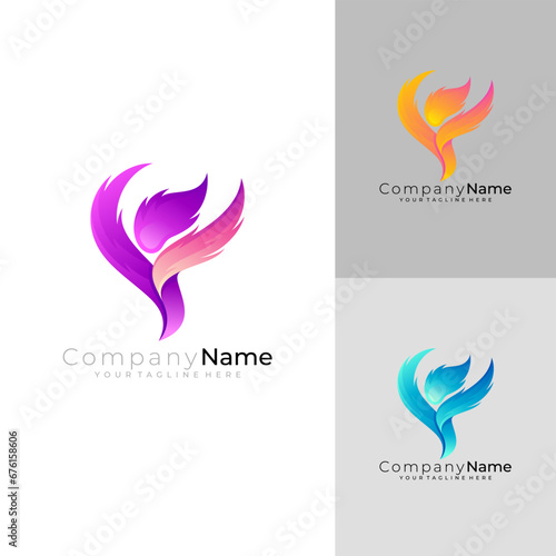 Abstract people logo with fire design vector, 3d colorful