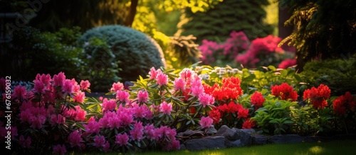 In the lush verdant background of a summer garden vibrant flowers in shades of red pink and other colorful hues bloom showcasing the beauty of nature in its springtime floral display © TheWaterMeloonProjec