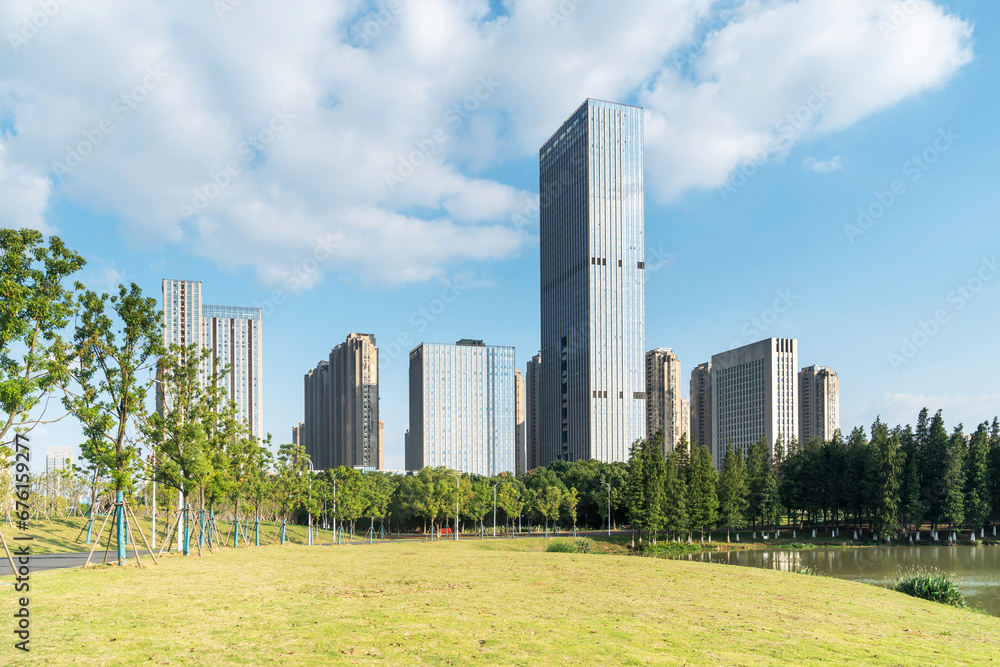 city park with modern building background in shanghai city park with modern building background in shanghai