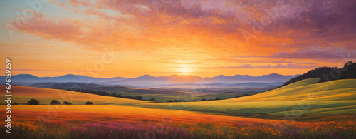 Digital artwork, landscape oil painting of nature, colorful warm tones with sunset and clouds. Can be used as background or wallpaper. © bugrakaan