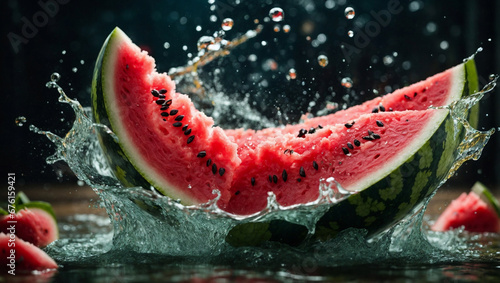 Fresh and appetizing watermelon  summer fruit with a splash of water. Generative AI