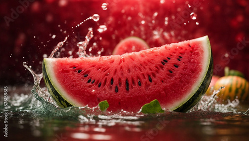 Fresh and appetizing watermelon  summer fruit with a splash of water. Generative AI