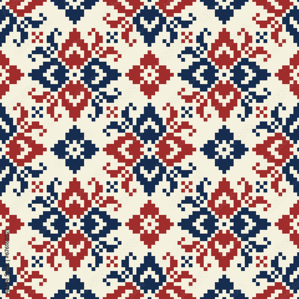 Geometric ethnic ikat pattern in red, blue and beige. Vector seamless traditional floral embroidery pixel pattern design for fabric, cross stitch, clothing, wallpaper, knitting, quilt, carpet.