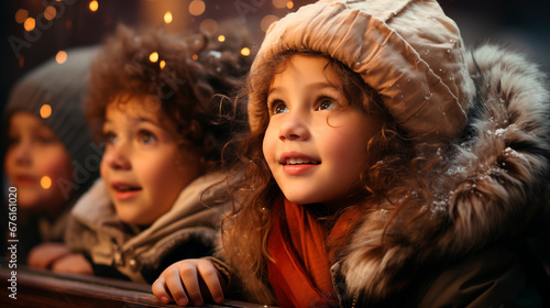 three happy children at the window in winter and sees miracles, waiting for the Christmas holiday and gifts, snow falls and a fairy tale in reality