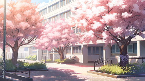 満開の桜と学校のアニメ風イラスト風景