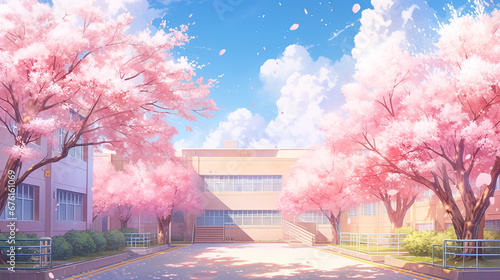 満開の桜と学校のアニメ風イラスト風景 photo