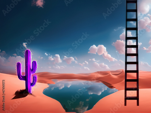 acqua lago nel deserto rosa con cactus e scala immagine fantasia  photo