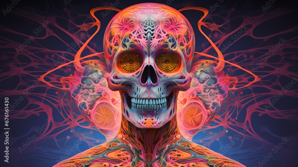 Skull Psychedelic Enlightenment To Another Dimension In The 5D.  Created with Generative AI.