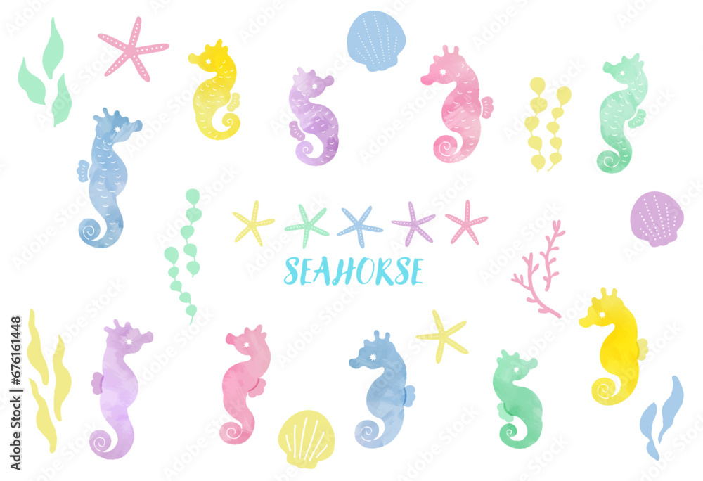 カラフルな水彩風のタツノオトシゴのイラストセット
Colorful watercolor-style seahorse illustration set.
