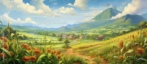 In the quaint village surrounded by nature s beauty the fields of vibrant green were adorned with a sea of colorful florals swaying and dancing in the wind while the golden corn plants reach