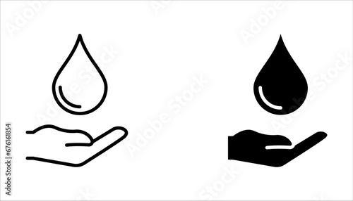 water drop icon set, hand with water logo. Dermatology test and dermatologist clinic icon set, business concept allergy free and healthy on white background photo