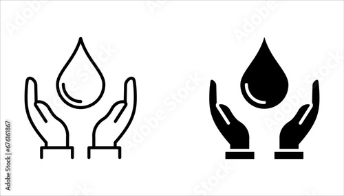 water drop icon set, hand with water logo. Dermatology test and dermatologist clinic icon set, business concept allergy free and healthy on white background