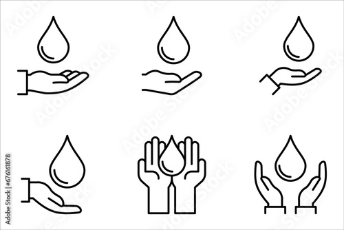 water drop icon set, hand with water logo. Dermatology test and dermatologist clinic icon set, business concept allergy free and healthy on white background