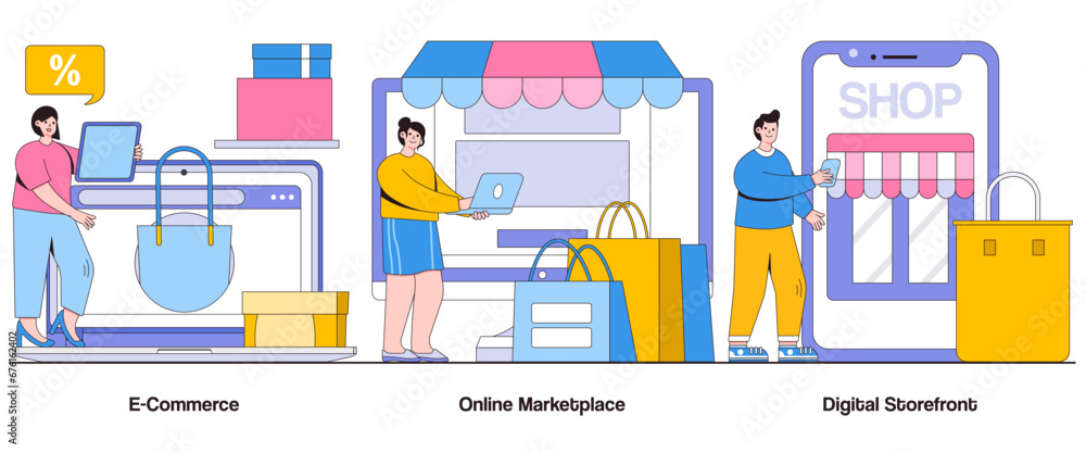 E-commerce, online marketplace, digital storefront concept with character. Online business abstract vector illustration set. Digital commerce, virtual storefront, e-marketplace metaphor