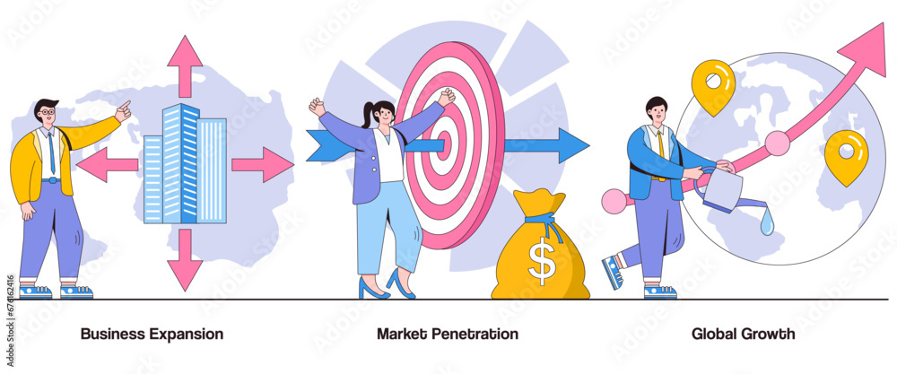 Business expansion, market penetration, global growth concept with character. Corporate strategy abstract vector illustration set. Market dominance, international presence, growth trajectory metaphor