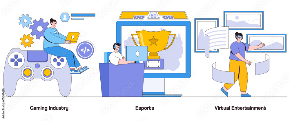 Gaming industry, esports, virtual entertainment concept with character. Business gaming abstract vector illustration set. Esports competitions, gaming trends, immersive gameplay metaphor