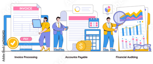 Invoice processing, accounts payable, financial auditing concept with character. Financial transparency abstract vector illustration set. Invoice verification, financial scrutiny, audit trail photo