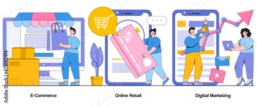 E-commerce, online retail, digital marketing internet concept with character. Business expansion abstract vector illustration set. Customer engagement, sales funnel, market penetration metaphor