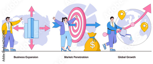 Business expansion  market penetration  global growth concept with character. Corporate strategy abstract vector illustration set. Market dominance  international presence  growth trajectory metaphor