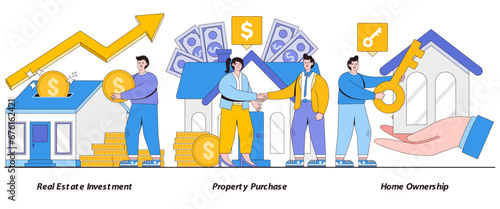 Real estate investment, property purchase, home ownership concept with character. Real estate finance abstract vector illustration set. Housing market, property acquisition, homeownership dream