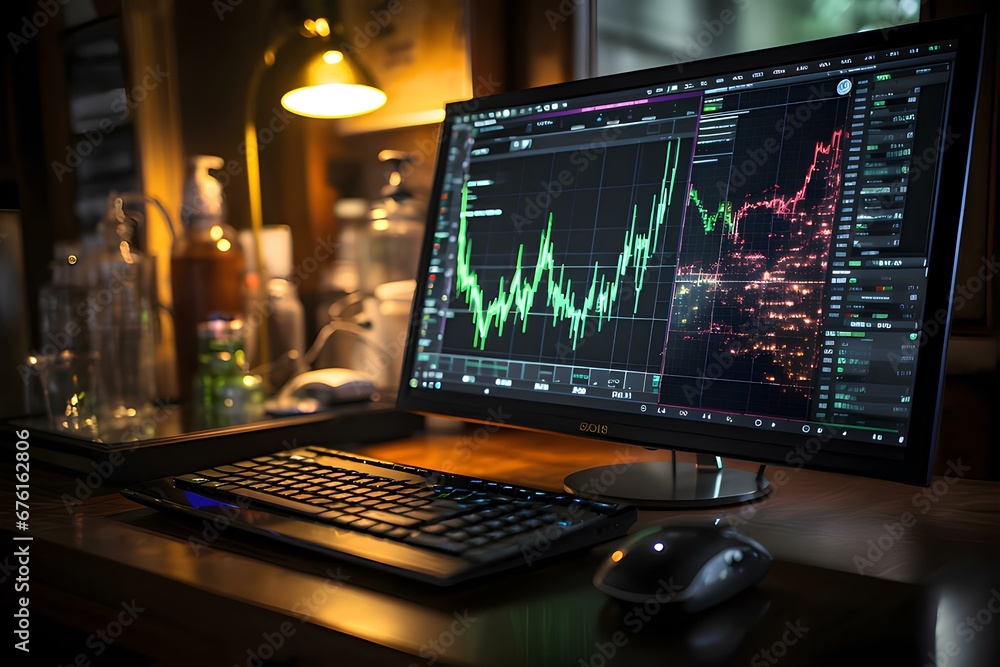 A close-up of a computer monitor exhibiting a live stock market chart, generative AI A close-up of a computer monitor exhibiting a live stock market chart, generative AI