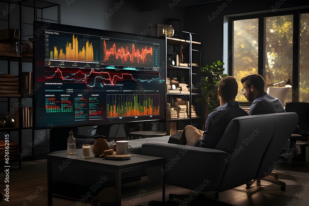 Two Professionals Discussing Stock Market Opportunities, generative AI Two Professionals Discussing Stock Market Opportunities, generative AI
