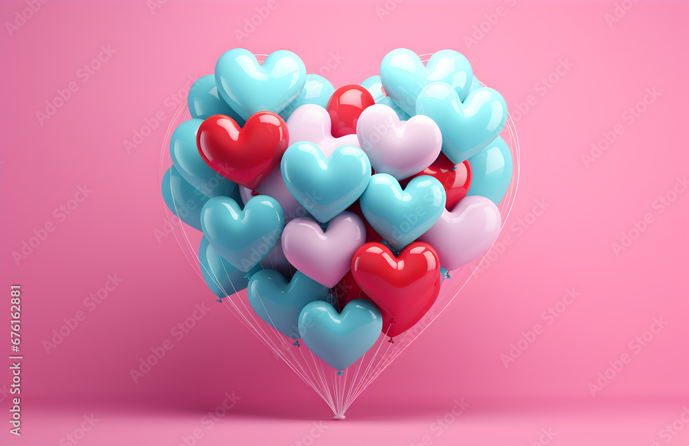 Colorful Heart Balloon in Vray Tracing Style: Lovely and Vibrant Arrangements, Valentine's Day, Love card , Background made of red balloons with Copy Space	
