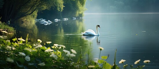 In the serene beauty of nature the lush green grass embraces the sparkling clear water of the pristine white lake where graceful swans gracefully swim alongside wild birds creating a mesmer