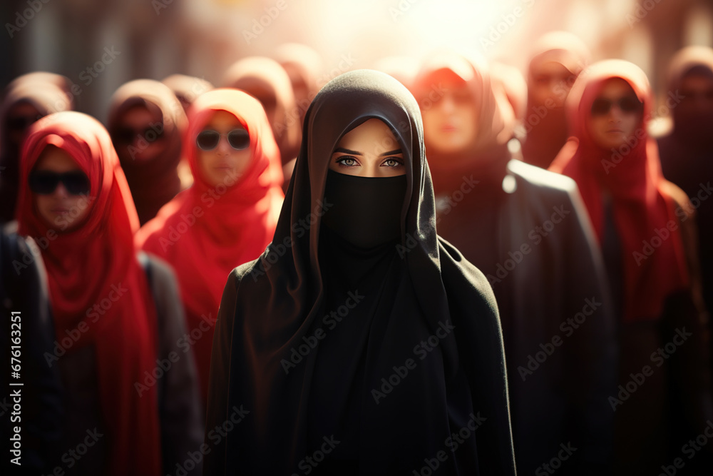 A woman in black hijab around other women on the street, loneliness, human rights concept, Individuality, Freedom, Expression, Contrast, Isolation, Social justice, stand out from the crowd A woman in black hijab around other women on the street, loneliness, human rights concept, Individuality, Freedom, Expression, Contrast, Isolation, Social justice, stand out from the crowd