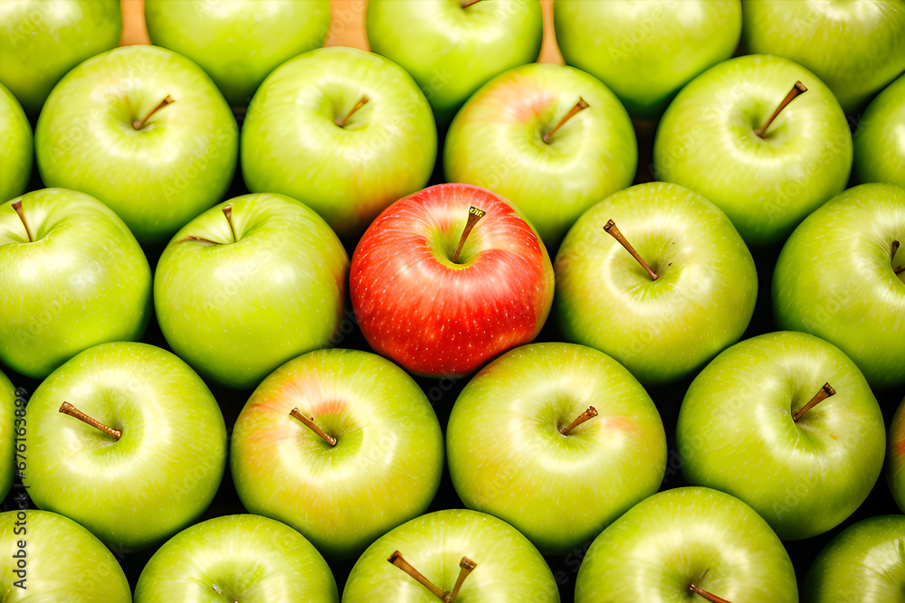 Red apple surrounded by green apples Red apple surrounded by green apples