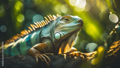 Hermosa iguana posando en la rama de un árbol de un bosque tropical, mirando al lente de la cámara con luz natural photo