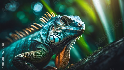 Hermosa iguana posando en la rama de un árbol de un bosque tropical, mirando al lente de la cámara con luz natural photo