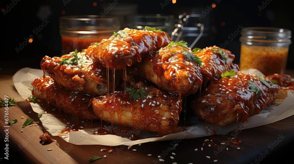 Buffalo wings with melted hot sauce on a wooden table with a blurred background