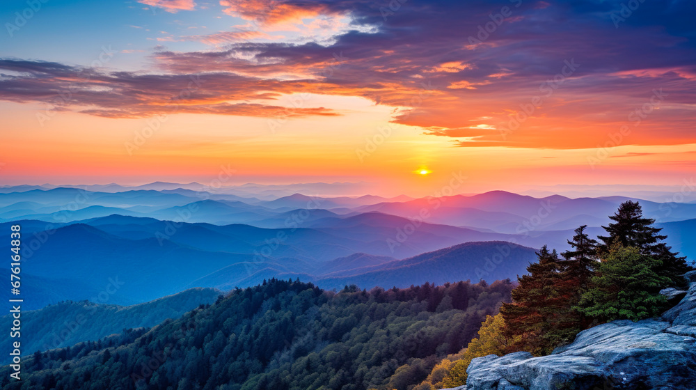 Obraz premium 夕日に染まる美しい山なみの風景