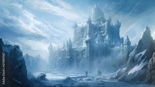 An icy fortress its walls shimmering brightly vanquishing all foes that dare breach its imtrable walls of solidified snow. photo