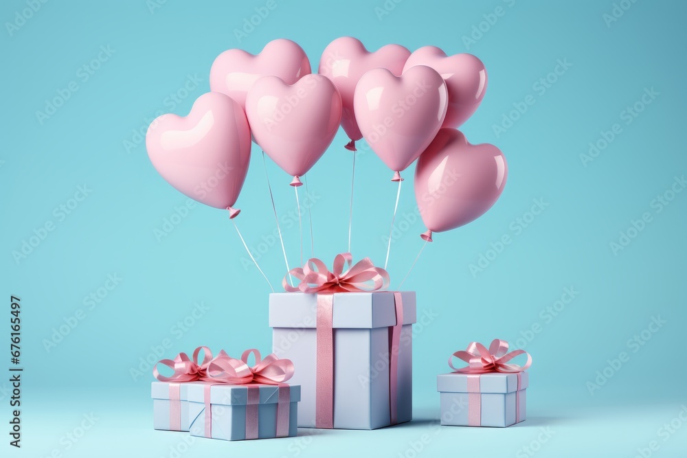 Happy birthday celebration 3d heart shaped balloons and gift boxes flying on light blue background