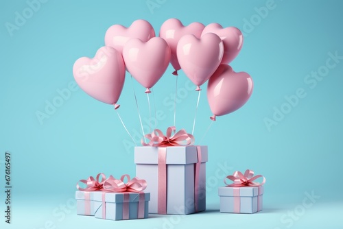 Happy birthday celebration 3d heart shaped balloons and gift boxes flying on light blue background