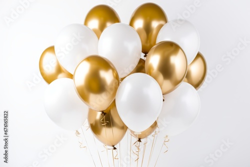 Elegant white and gold balloon with intricate patterns floating on a pure white background