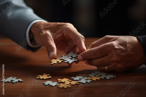 Businessman connecting two jigsaw puzzle pieces. Business solutions concept. Generative ai