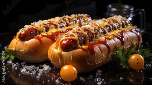 hotdog with a large sausage filled with melted mayonnaise and a sprinkling of chopped greens photo