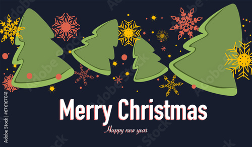 Christmas greetings card banner with snowflakes and Christmas trees