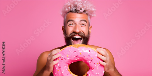 Young Man Holding a Donut with Pink Glaze on a Pink Background: Funny Scene, copy space photo