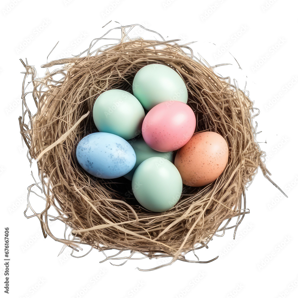 Hand colored Easter eggs inside a nest isolated on white background Hand colored Easter eggs inside a nest isolated on white background