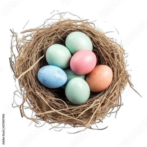  Hand colored Easter eggs inside a nest isolated on white background