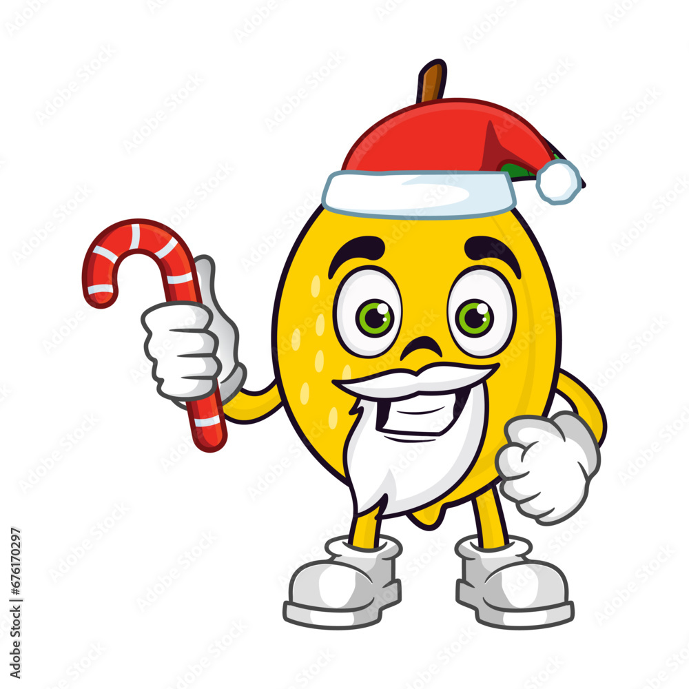 Lemon fruit santa cartoon character holds christmas candies