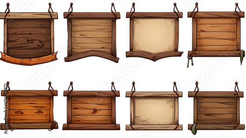 Cartoon and Game style set of wooden sign board collection, medieval style Vintage Retro, isolated background, png