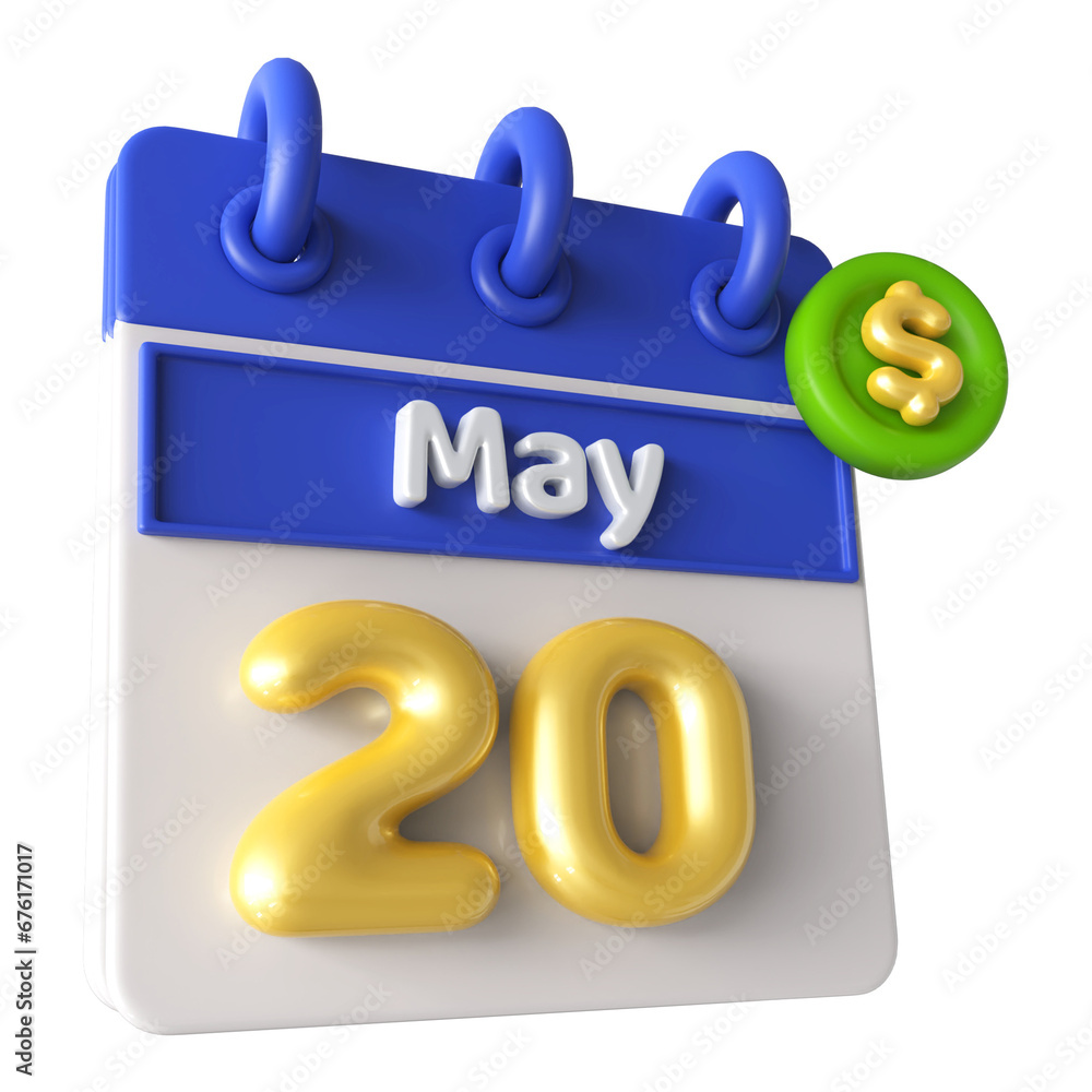 20th May Calendar 3D Render With Dollar Symbol