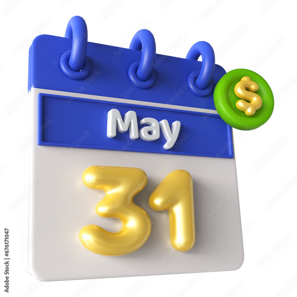 31st May Calendar 3D Render With Dollar Symbol 31st May Calendar 3D Render With Dollar Symbol