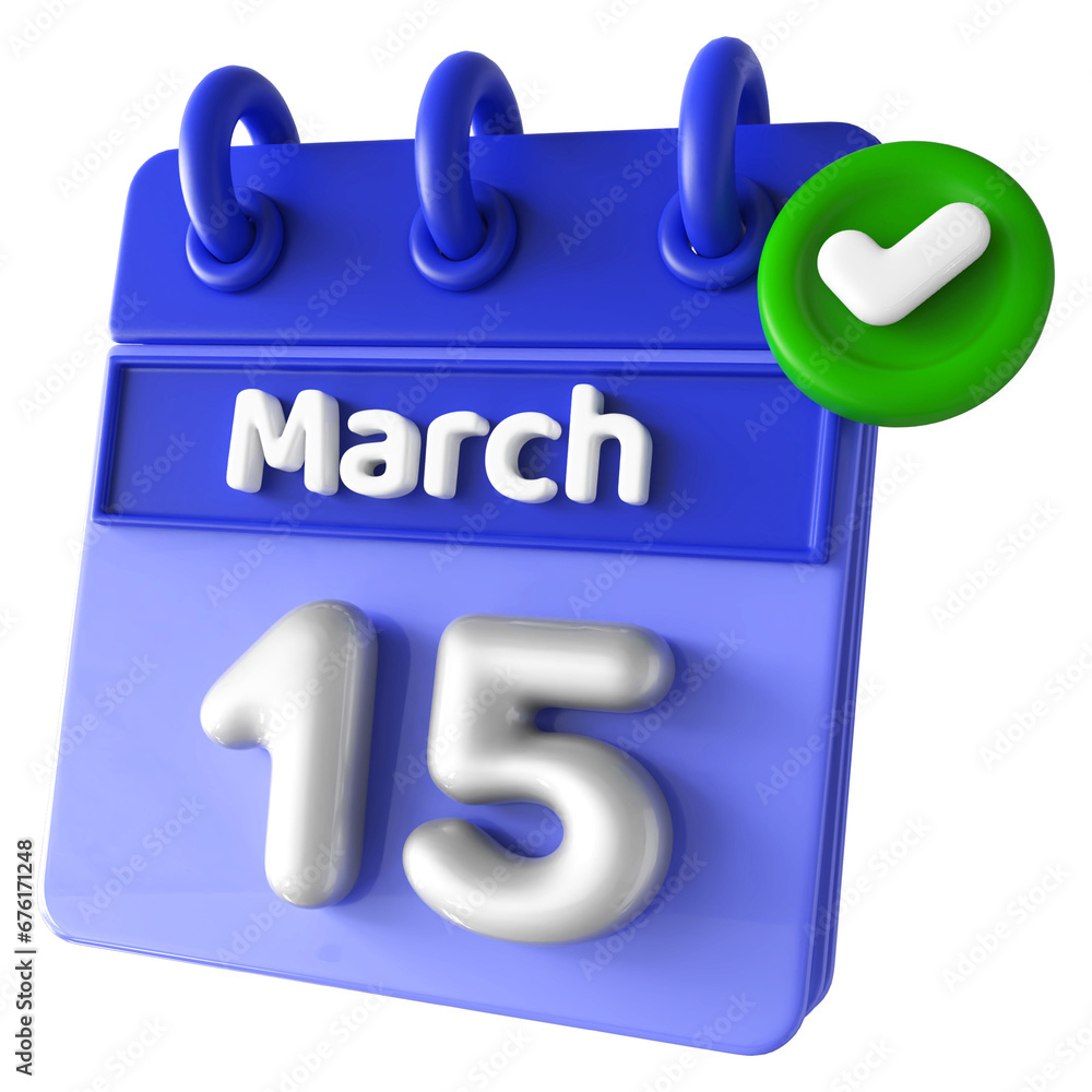 15th March Calendar 3D Render With Check Mark Icon 15th March Calendar 3D Render With Check Mark Icon